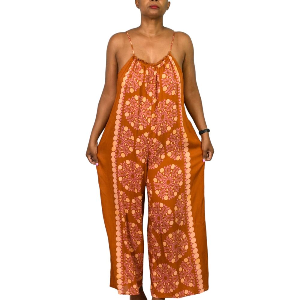 Anthropologie Malika Jumpsuit Orange Print Wide Leg Swim Coverup Oversized XXS